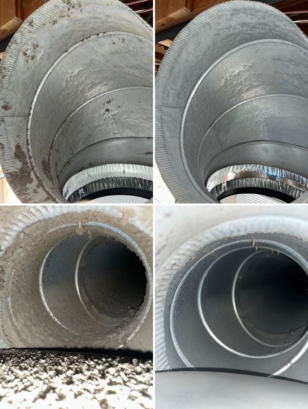 Collage of metal air ducts and vents inside an attic, showing clean and dirty duct interiors